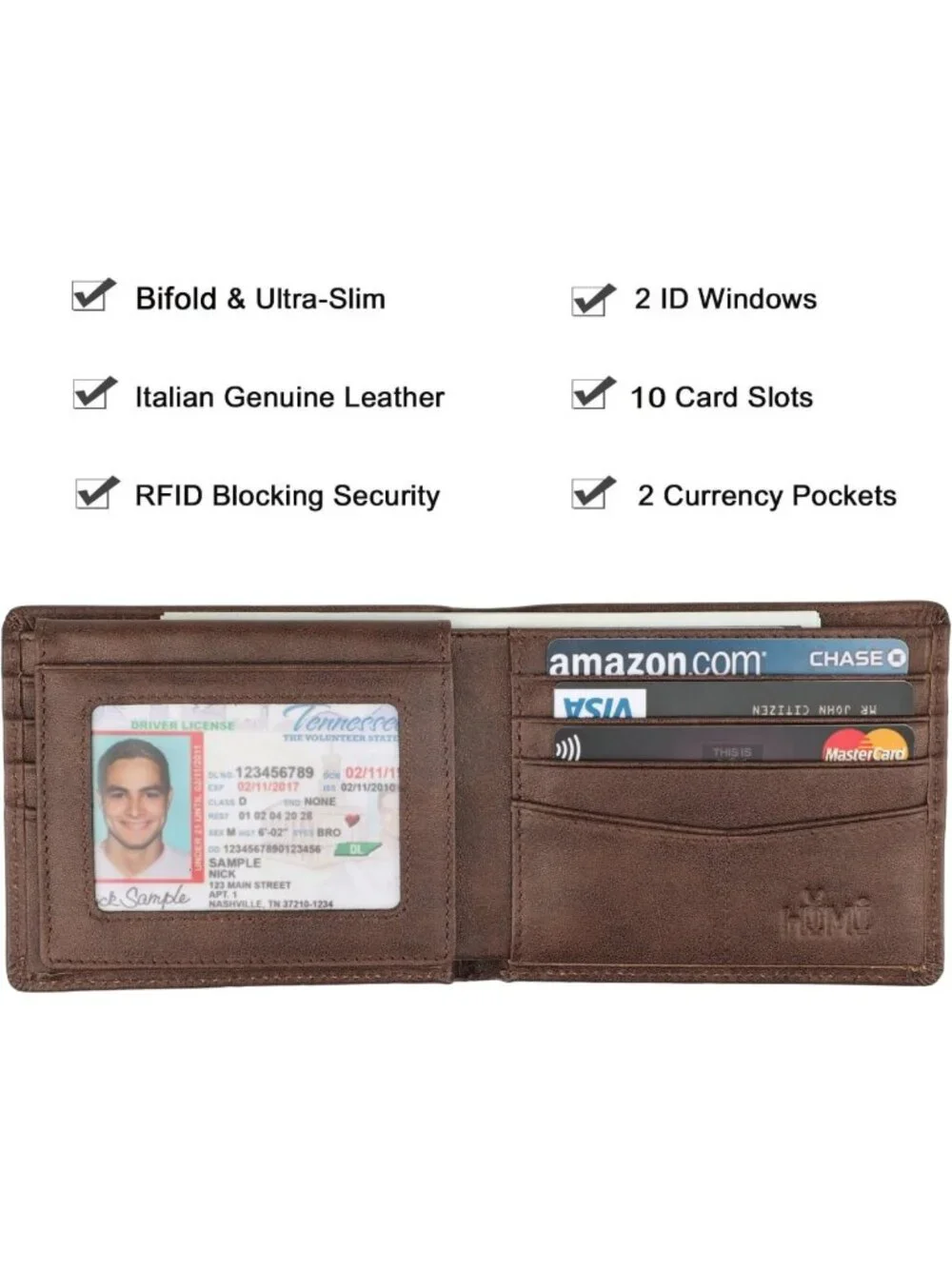 Stylish Genuine Leather Bifold Wallet for Men - RFID Blocking, 2 ID Windows